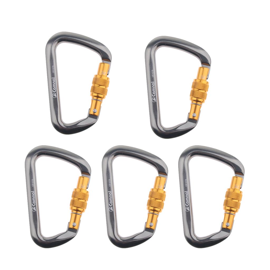 5 Pieces 28KN Aluminum Screwgate D Type Climbing Rescue Carabiner Gray