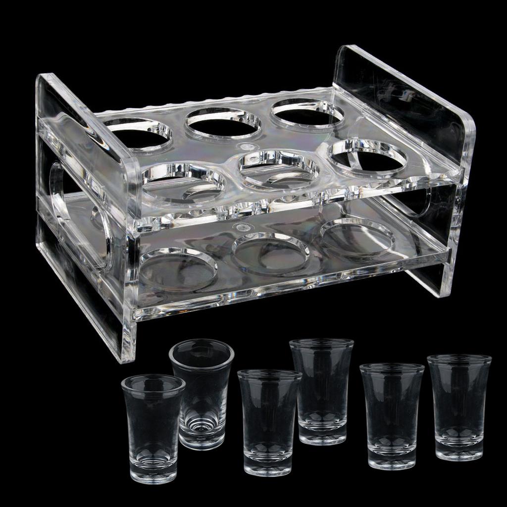 6PCS 35ml Shot Glass & 6-Hole Clear Acrylic Holder Rack Serving Tray Set