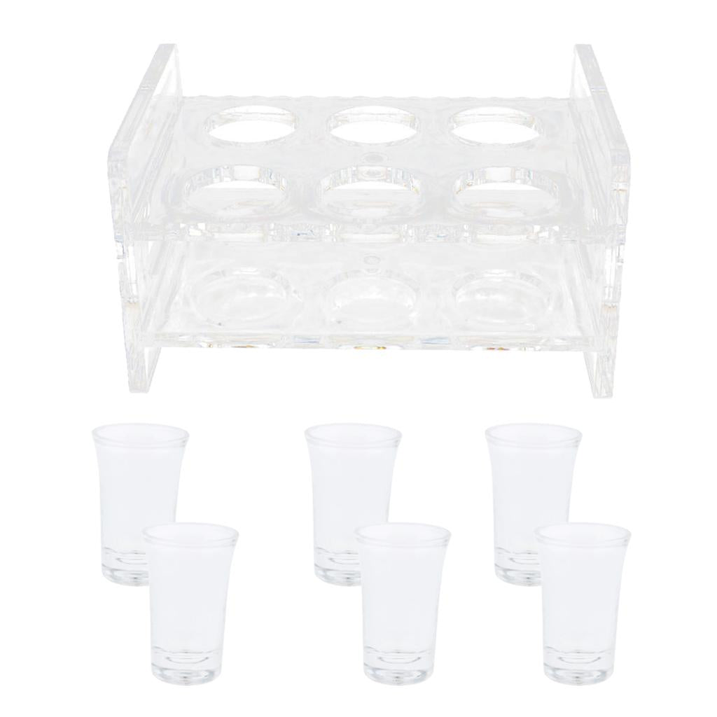 6PCS 35ml Shot Glass & 6-Hole Clear Acrylic Holder Rack Serving Tray Set