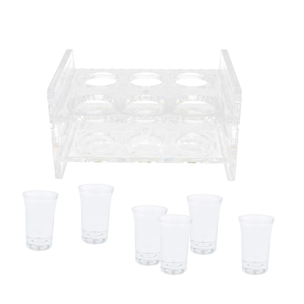 6PCS 45ml Shot Glass & 6-Hole Clear Acrylic Holder Rack Serving Tray Set