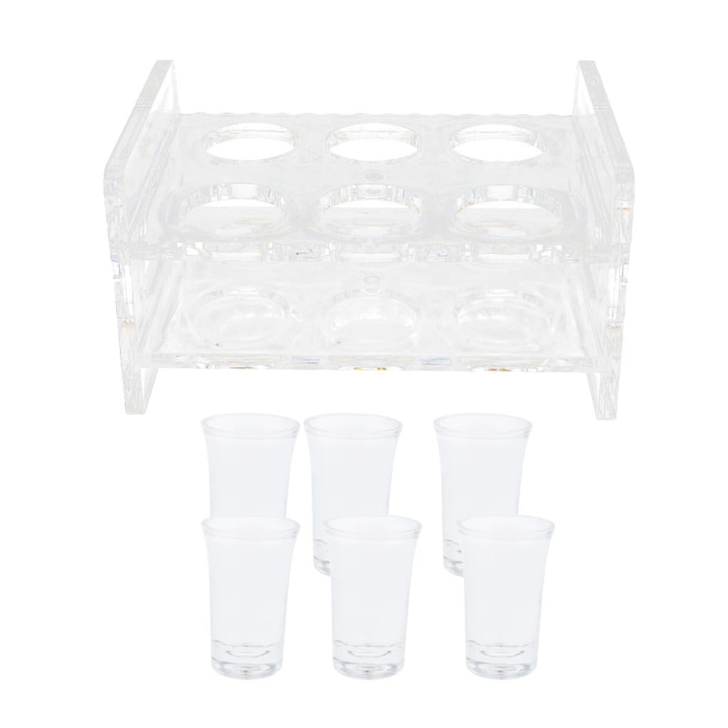 6PCS 45ml Shot Glass & 6-Hole Clear Acrylic Holder Rack Serving Tray Set