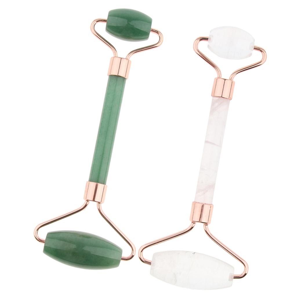 2x Double Heads Natural Jade Stone Facial Massage Roller Wheel Neck Massager