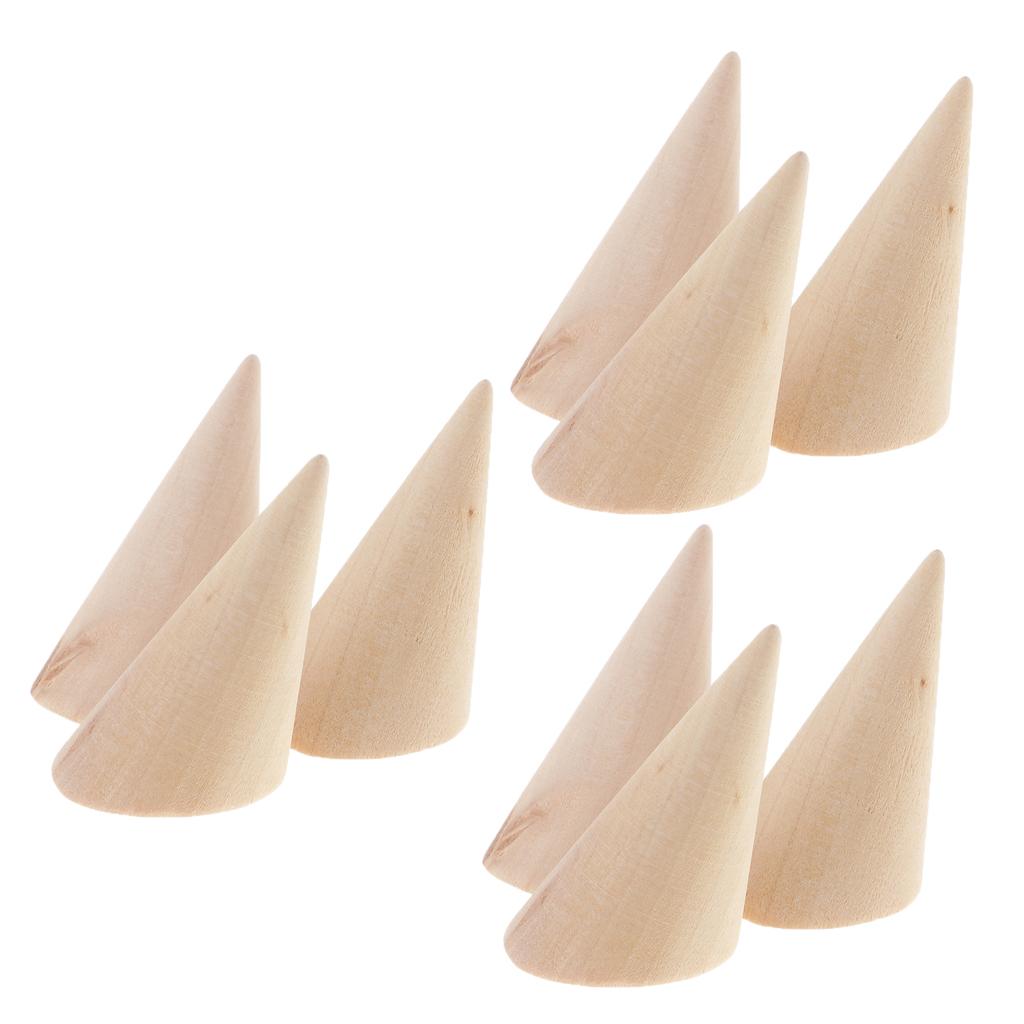 9pcs Unpainted Plain Cone Wooden Ring Jewelry Display Stand Organize Holder