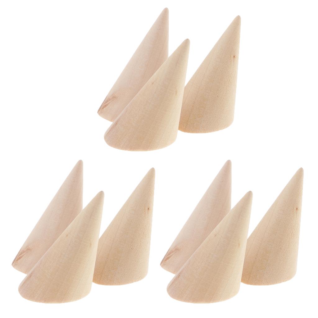 9pcs Unpainted Plain Cone Wooden Ring Jewelry Display Stand Organize Holder