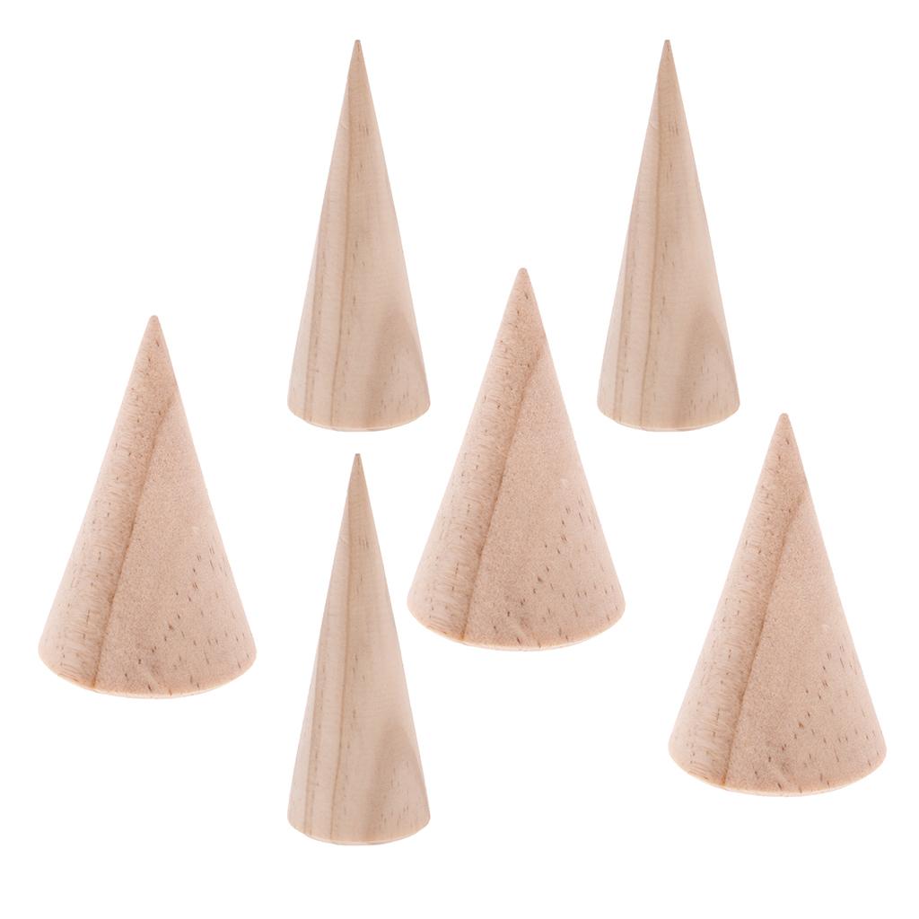 6 Pieces Unpainted Cone Wood Wooden Ring Rack Jewelry Display Stand Holder