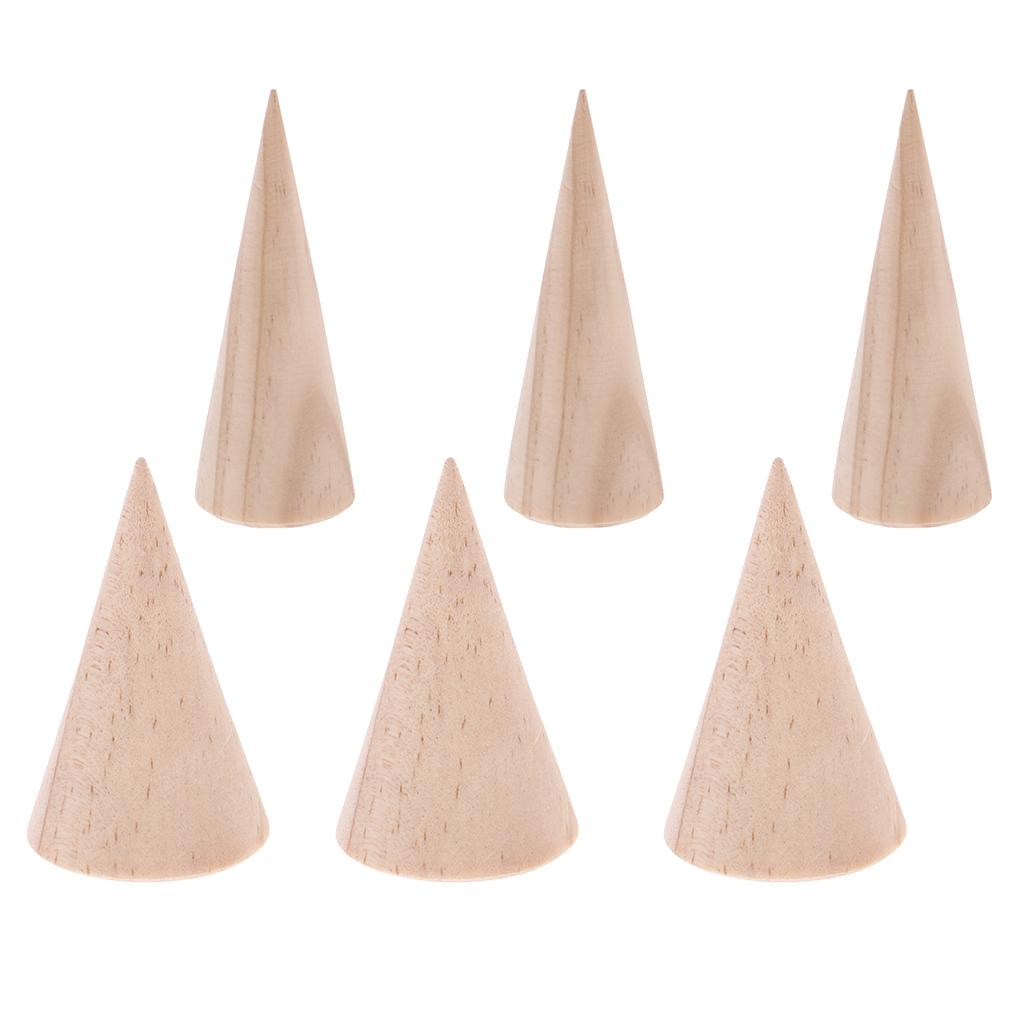 6 Pieces Unpainted Cone Wood Wooden Ring Rack Jewelry Display Stand Holder