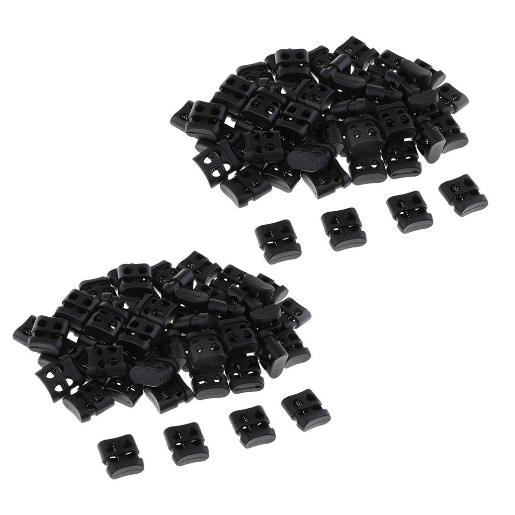 100pcs Black Plastic Non-slip Double Hole String Cord Locks for Shoelace Bag