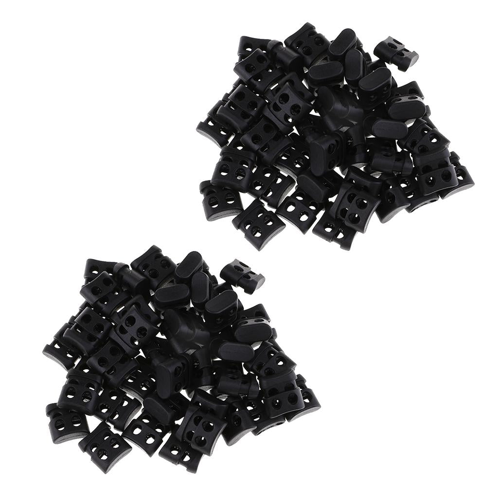 100pcs Black Plastic Non-slip Double Hole String Cord Locks for Shoelace Bag