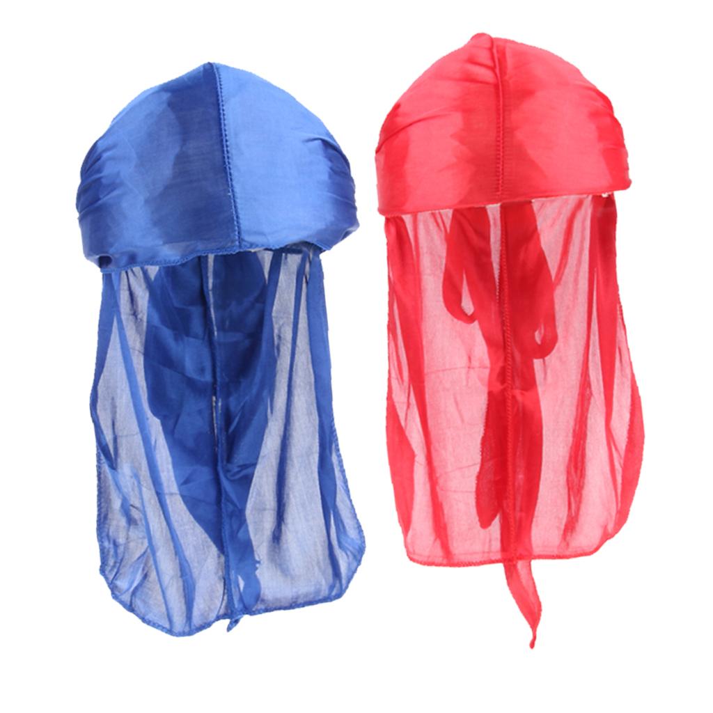 2 Pieces Durag Headwear Cap Hair Loss Scarf Bandana Turban Red+Royal Blue