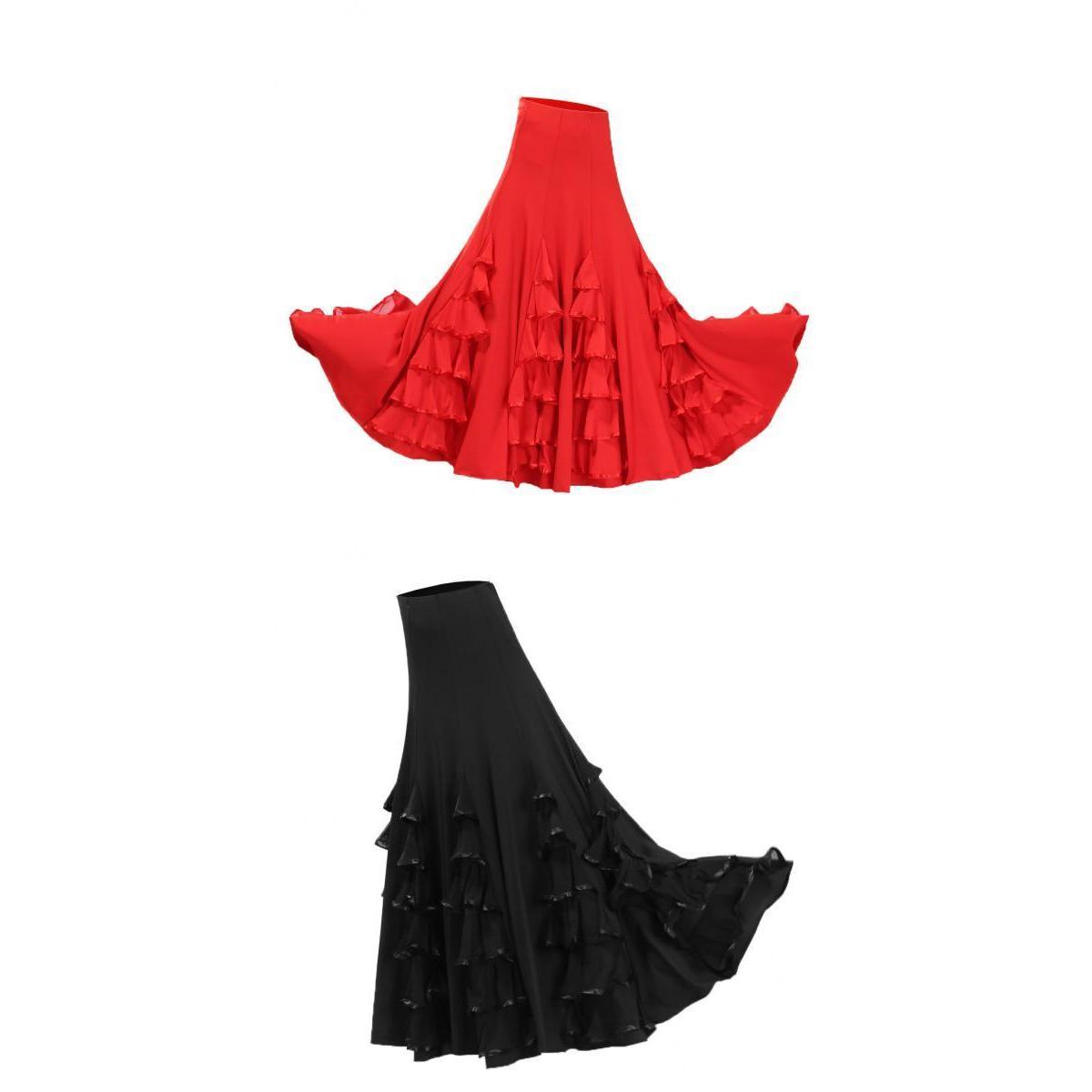 2xWomen Flamenco Ballroom Waltz Dance Long Swing Latin Dance Dress Black+Red