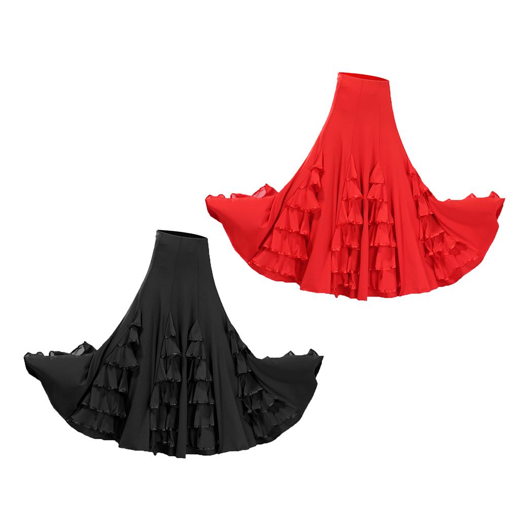 2xWomen Flamenco Ballroom Waltz Dance Long Swing Latin Dance Dress Black+Red