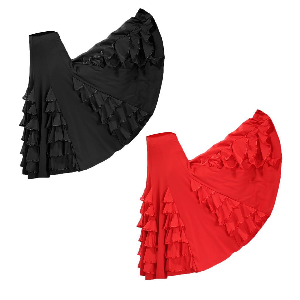 2xWomen Flamenco Ballroom Waltz Dance Long Swing Latin Dance Dress Black+Red