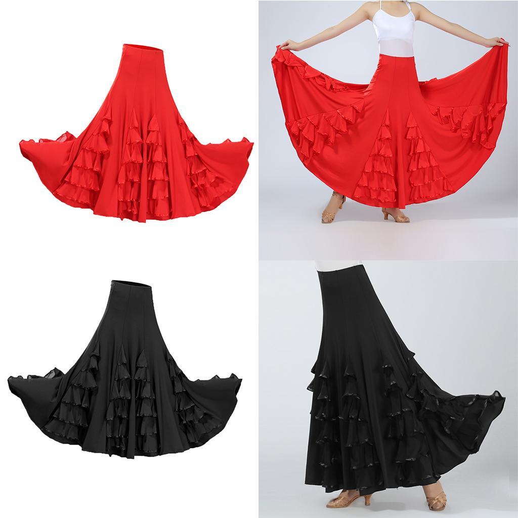 2xWomen Flamenco Ballroom Waltz Dance Long Swing Latin Dance Dress Black+Red