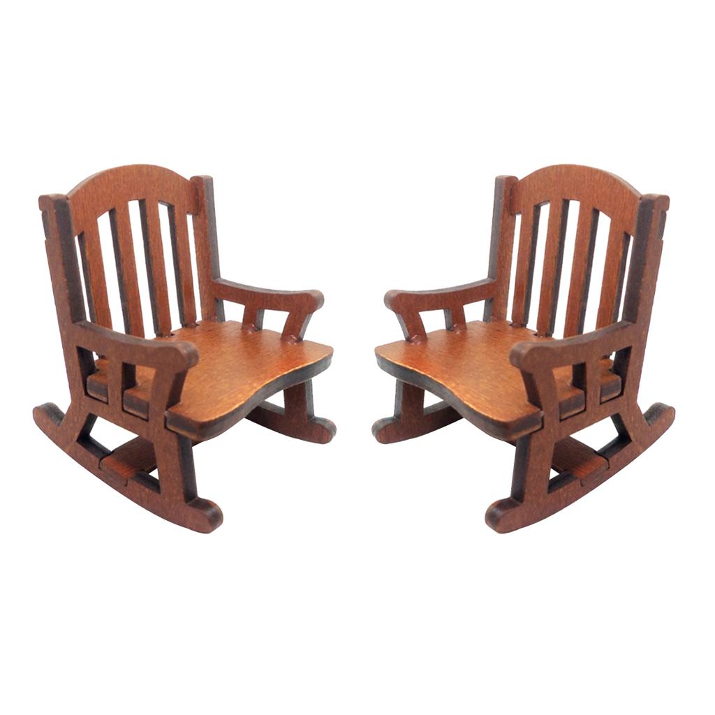 2pcs 1/12 Dollhouse Miniature Wooden Rocking Chairs Model Furniture Decor