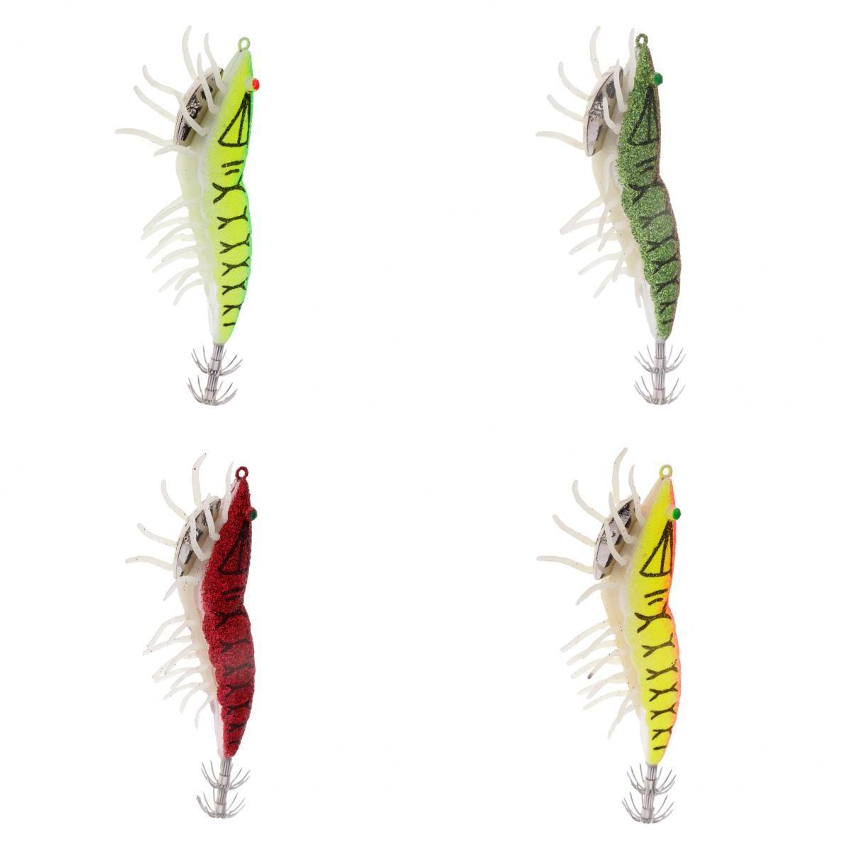 4x Glow in Dark Squid Jig Hooks Shrimp Fishing Lures with Luminous Soft Leg