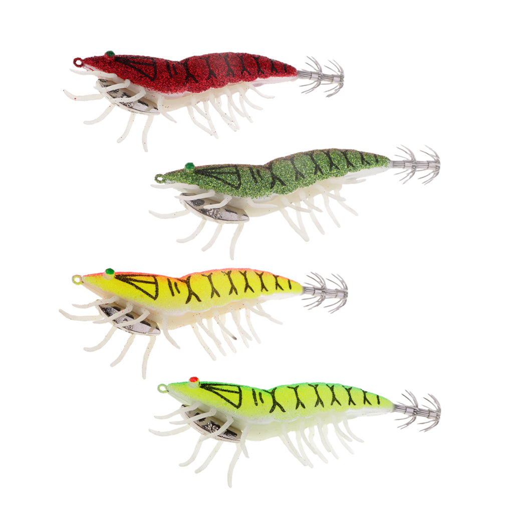 4x Glow in Dark Squid Jig Hooks Shrimp Fishing Lures with Luminous Soft Leg