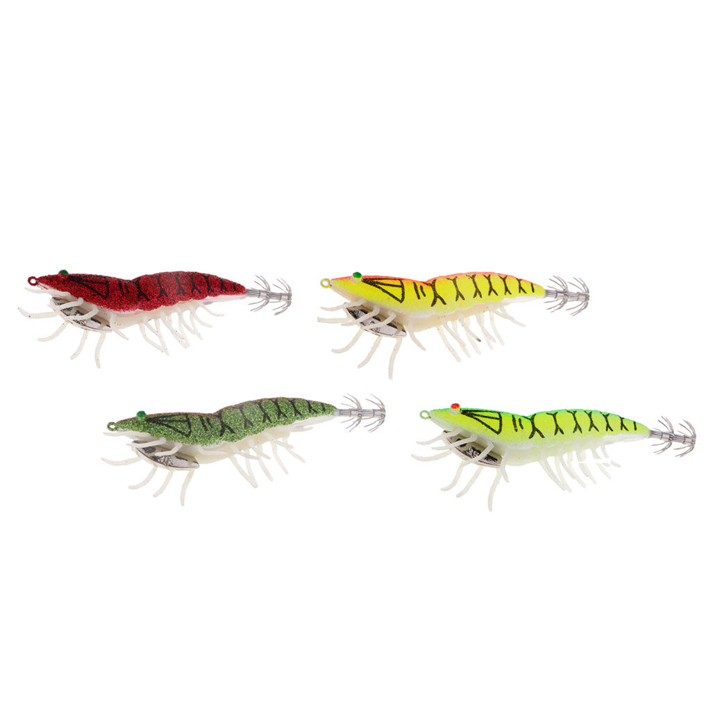 4x Glow in Dark Squid Jig Hooks Shrimp Fishing Lures with Luminous Soft Leg