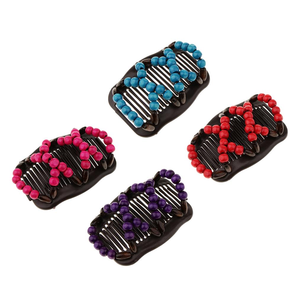 4pcs Stretch Magic Combs Beaded Hairpin Bow Hair Head Comb Cuff Double Clip