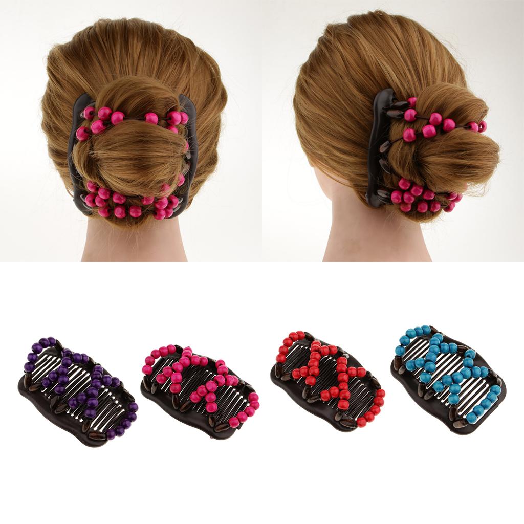 4pcs Stretch Magic Combs Beaded Hairpin Bow Hair Head Comb Cuff Double Clip