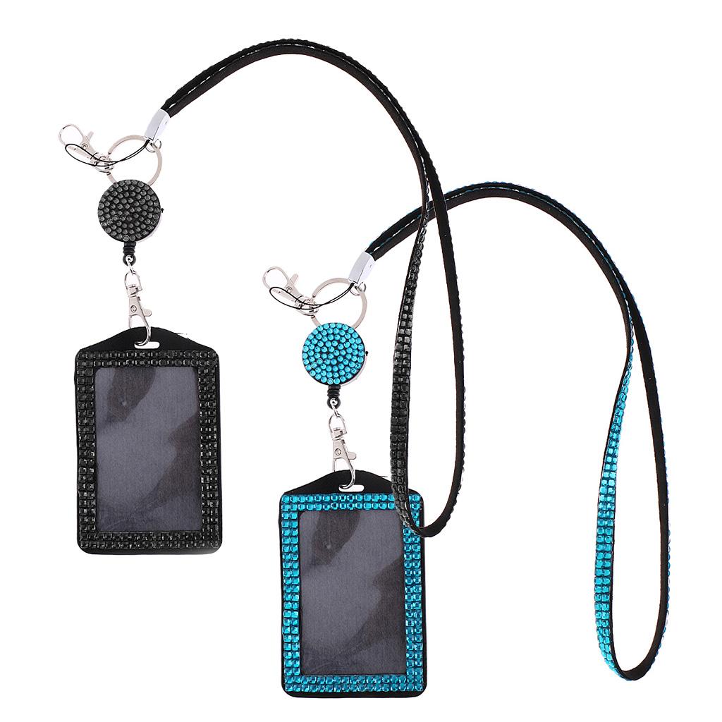 2pcs Bling Rhinestone Lanyard with Retractable Reel Vertical ID Badge Holder