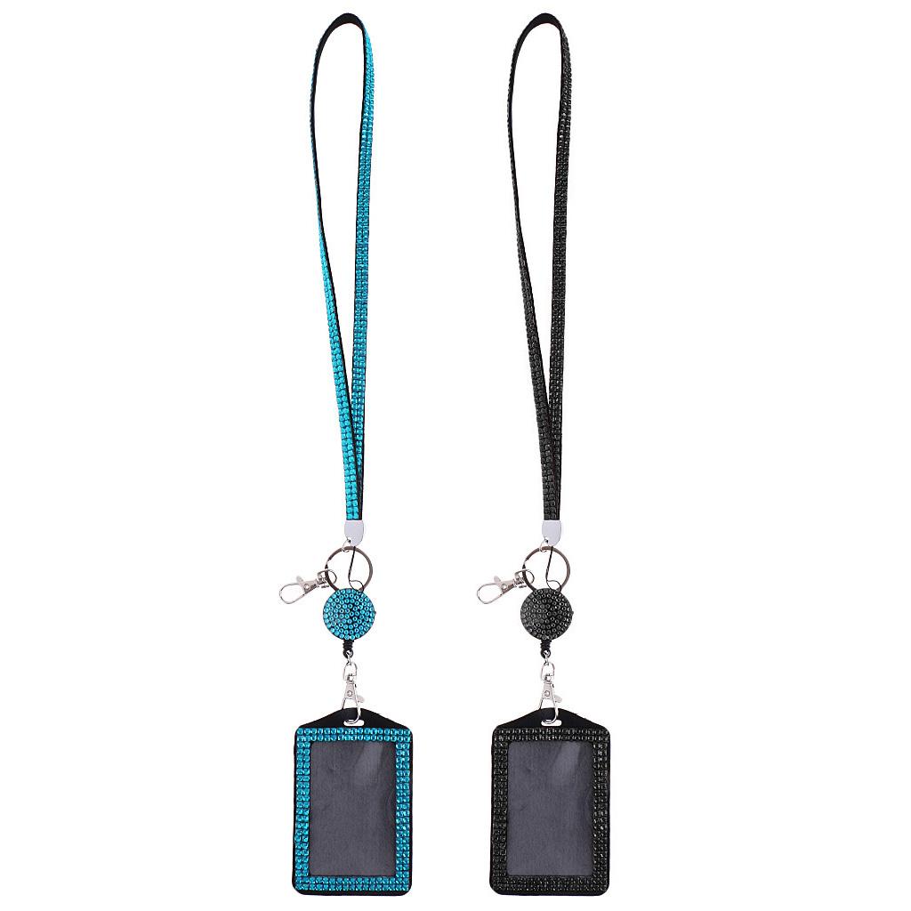 2pcs Bling Rhinestone Lanyard with Retractable Reel Vertical ID Badge Holder