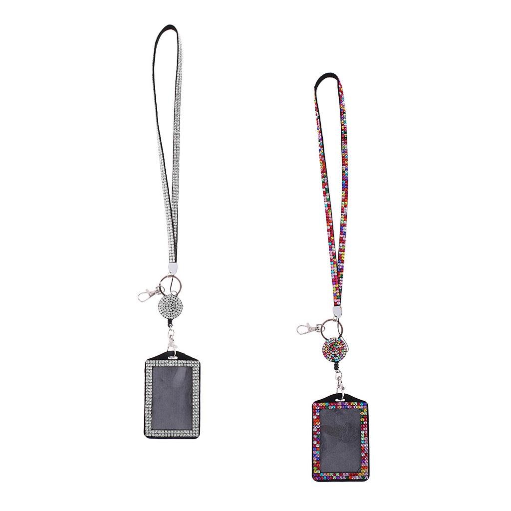 2PCS Rhinestone Lanyard with Retractable Reel Vertical ID Card Badge Holder