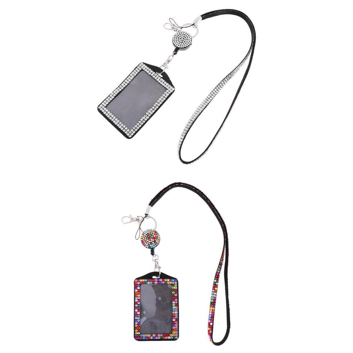 2PCS Rhinestone Lanyard with Retractable Reel Vertical ID Card Badge Holder