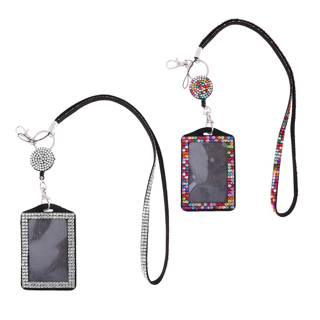 2PCS Rhinestone Lanyard with Retractable Reel Vertical ID Card Badge Holder