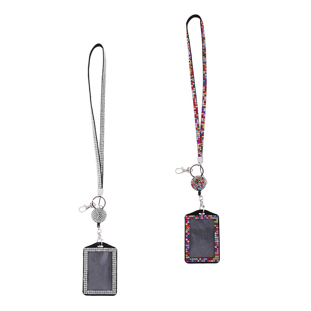 2PCS Rhinestone Lanyard with Retractable Reel Vertical ID Card Badge Holder
