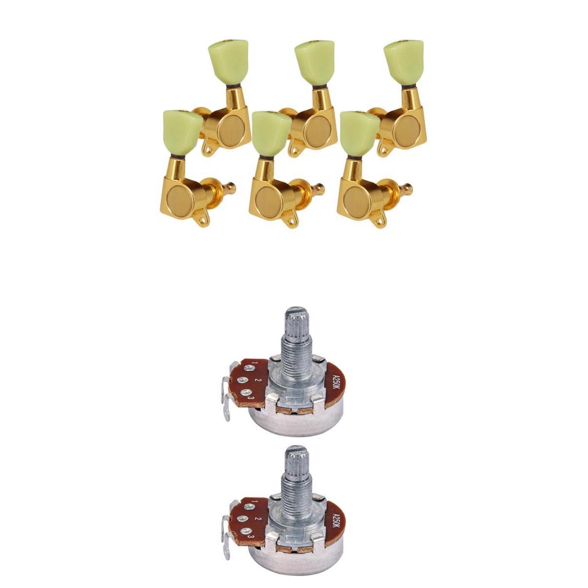 6 Pcs Electric Guitar Tuning Pegs +2 Pcs Audio Potentiometer Pots A250K