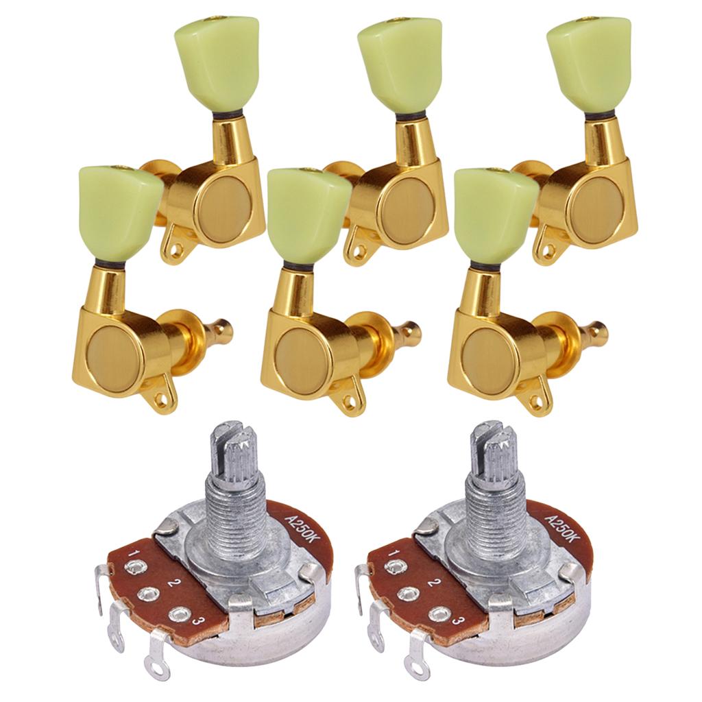 6 Pcs Electric Guitar Tuning Pegs +2 Pcs Audio Potentiometer Pots A250K