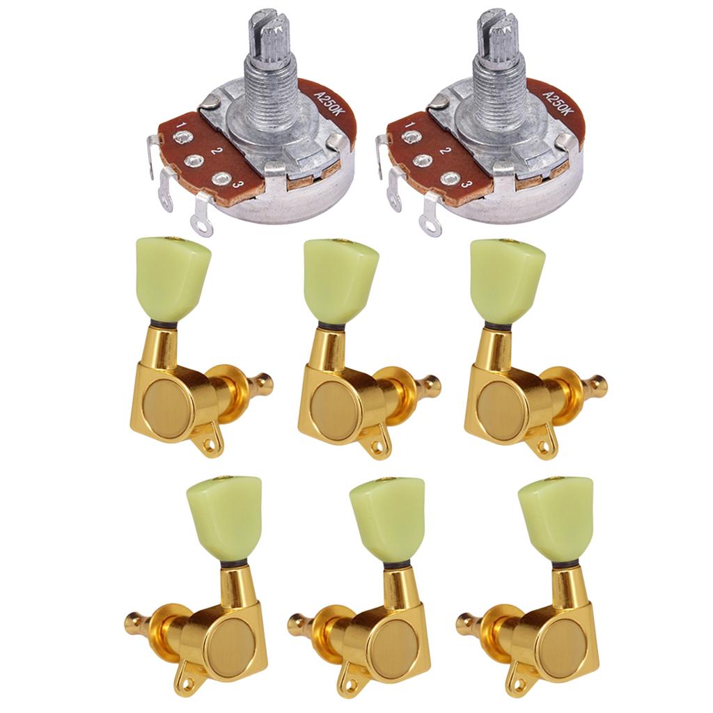 6 Pcs Electric Guitar Tuning Pegs +2 Pcs Audio Potentiometer Pots A250K