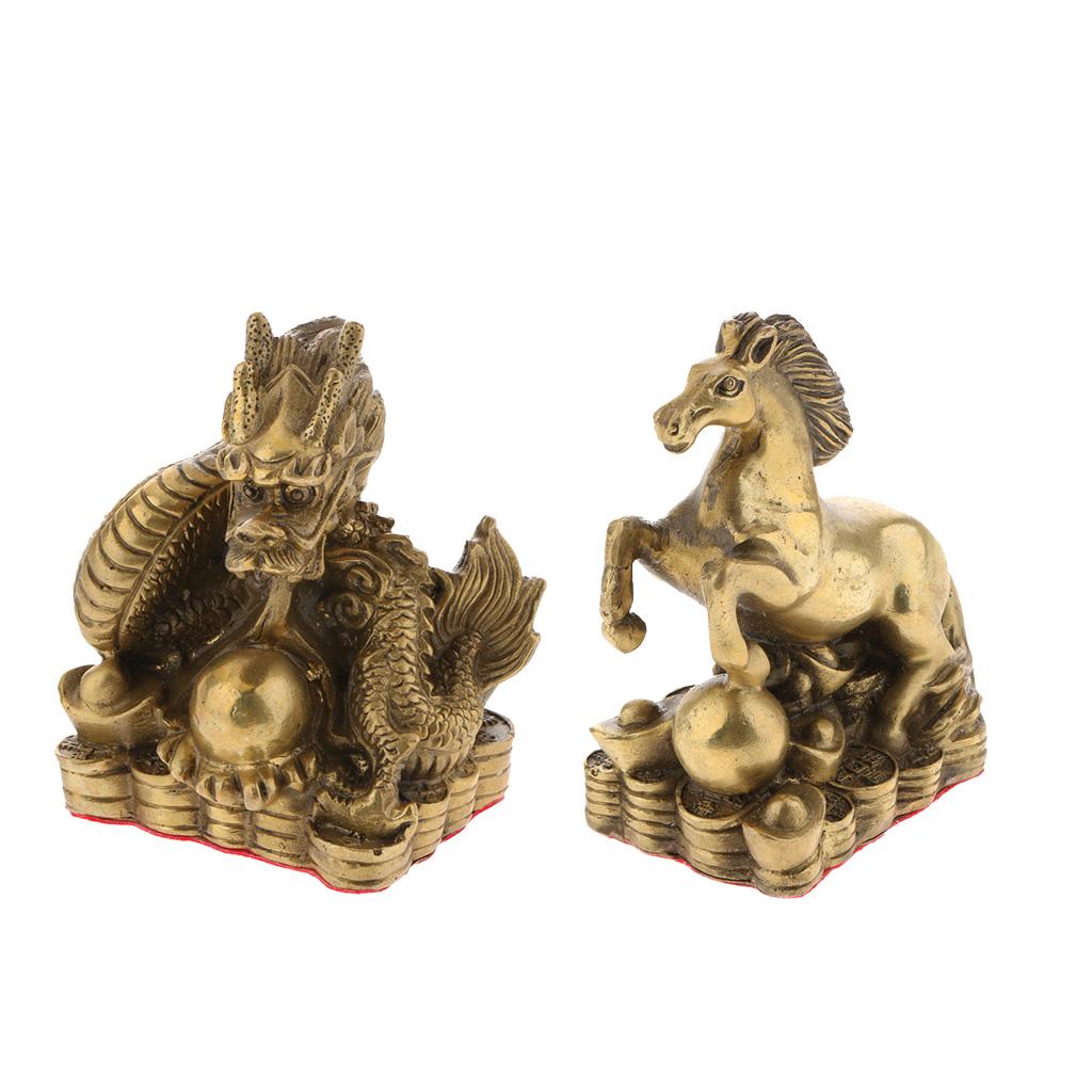 2pcs Pure Brass Chinese Animal Figurine Statue Ornament Dragon+Horse