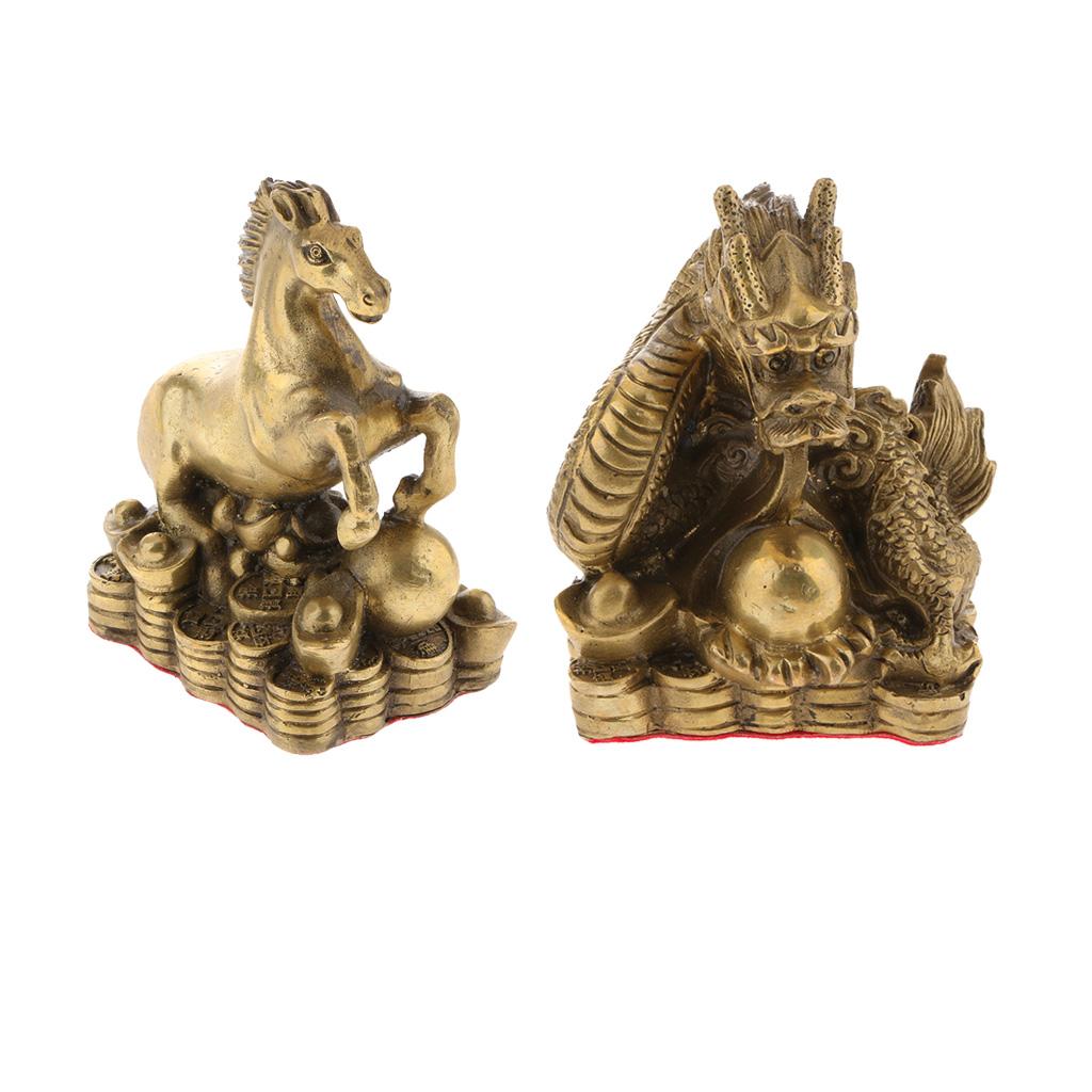 2pcs Pure Brass Chinese Animal Figurine Statue Ornament Dragon+Horse