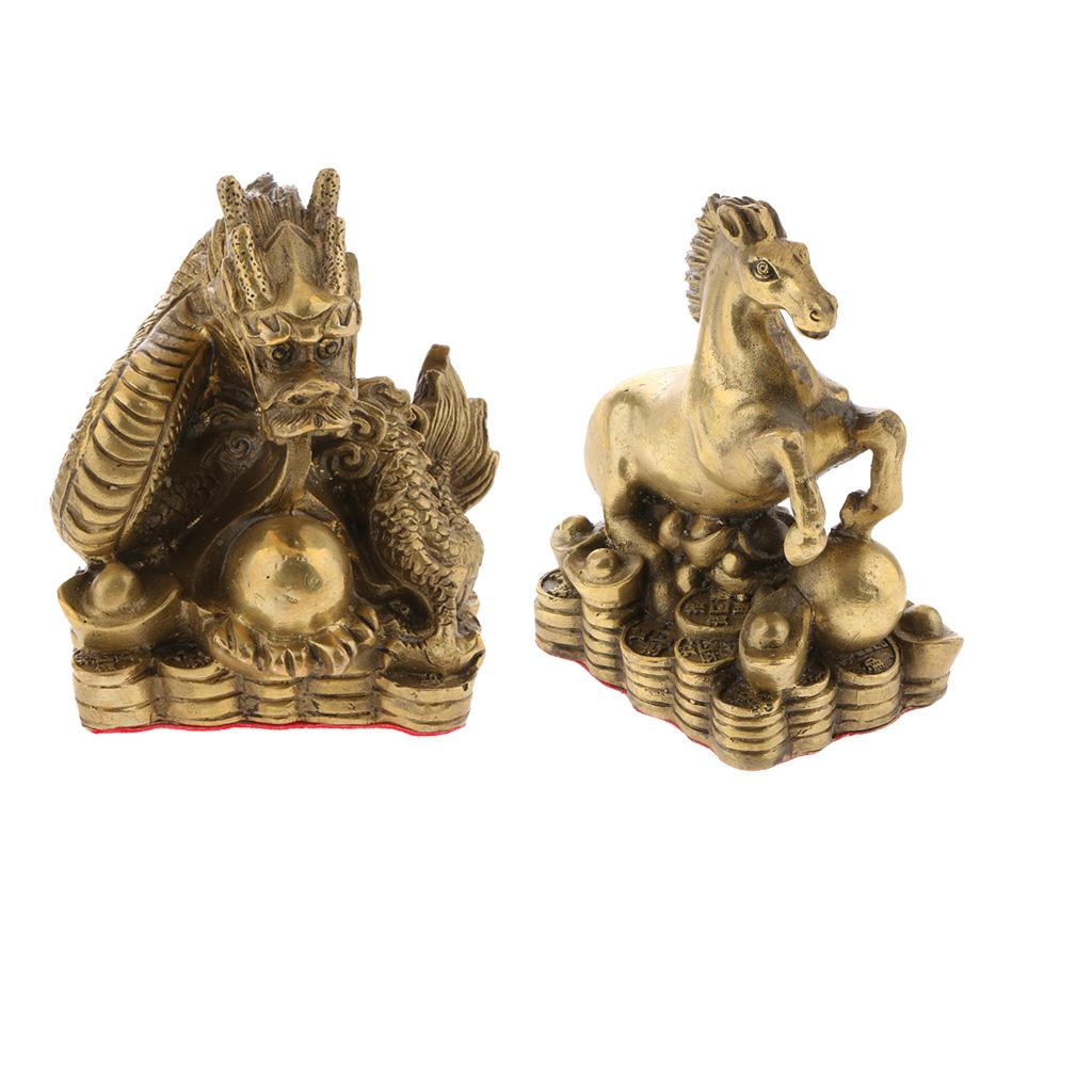 2pcs Pure Brass Chinese Animal Figurine Statue Ornament Dragon+Horse