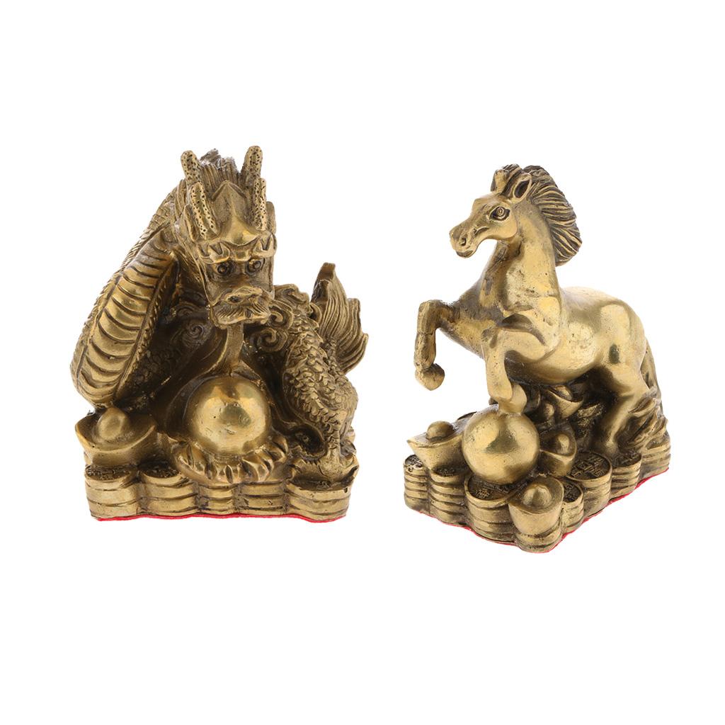 2pcs Pure Brass Chinese Animal Figurine Statue Ornament Dragon+Horse