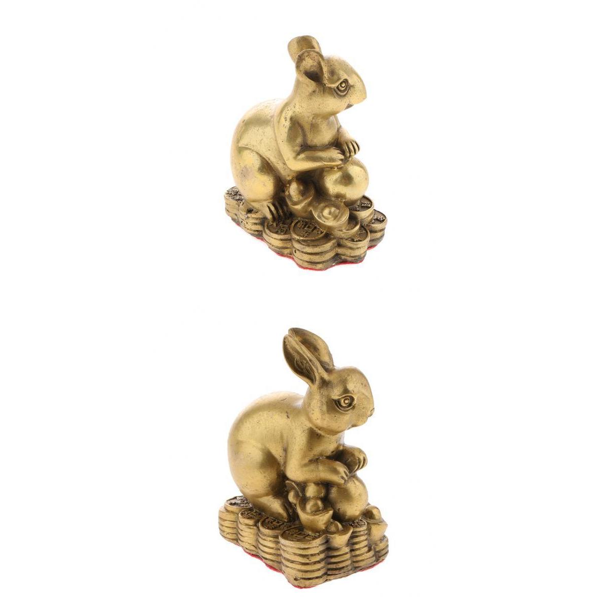2pcs Pure Brass Chinese Animal Figurine Statue Ornament Rat+Rabbit