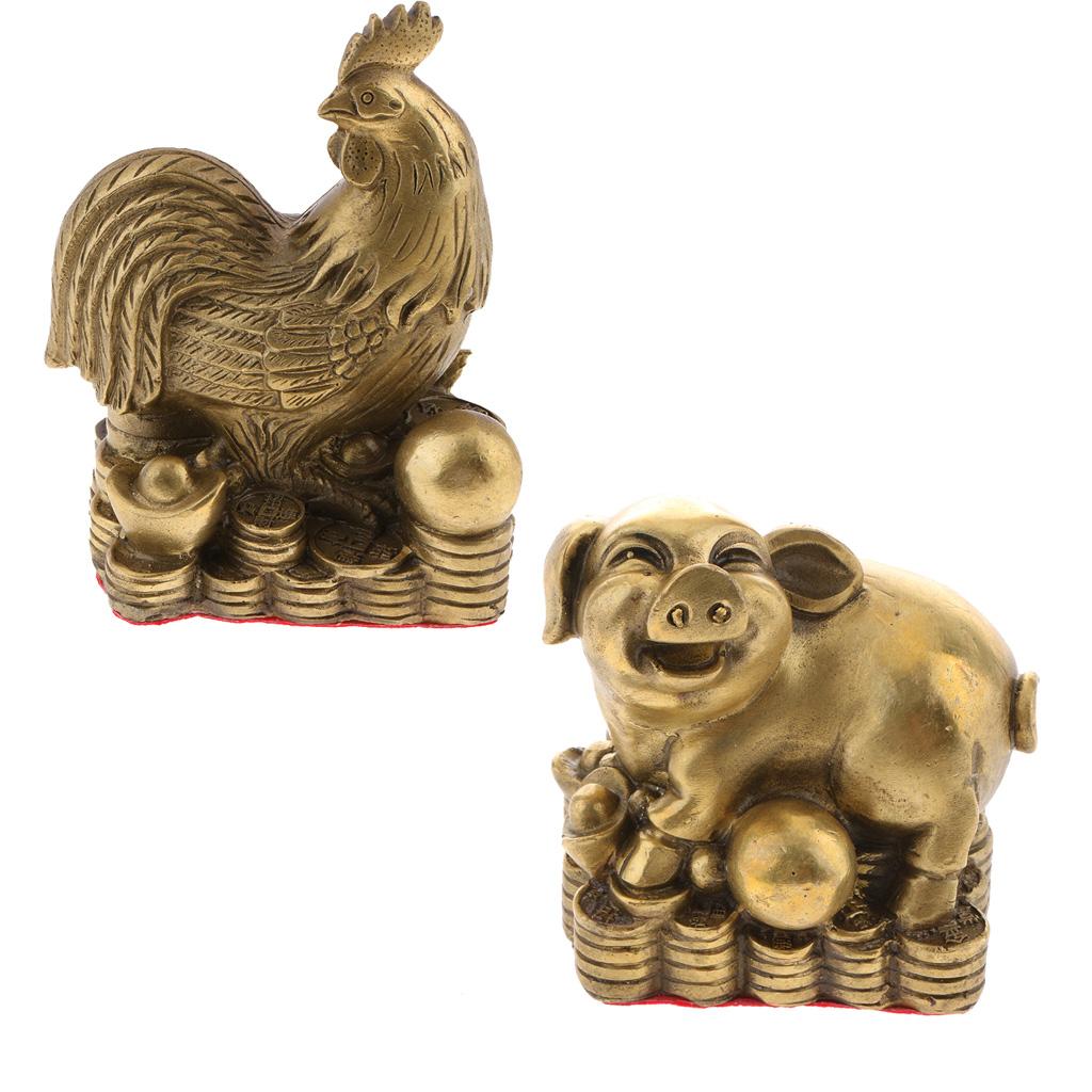 2pcs Pure Brass Chinese Animal Figurine Statue Ornament Pig+Rooster