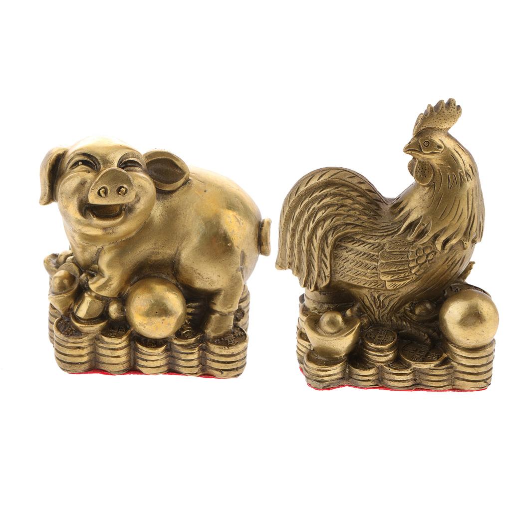 2pcs Pure Brass Chinese Animal Figurine Statue Ornament Pig+Rooster