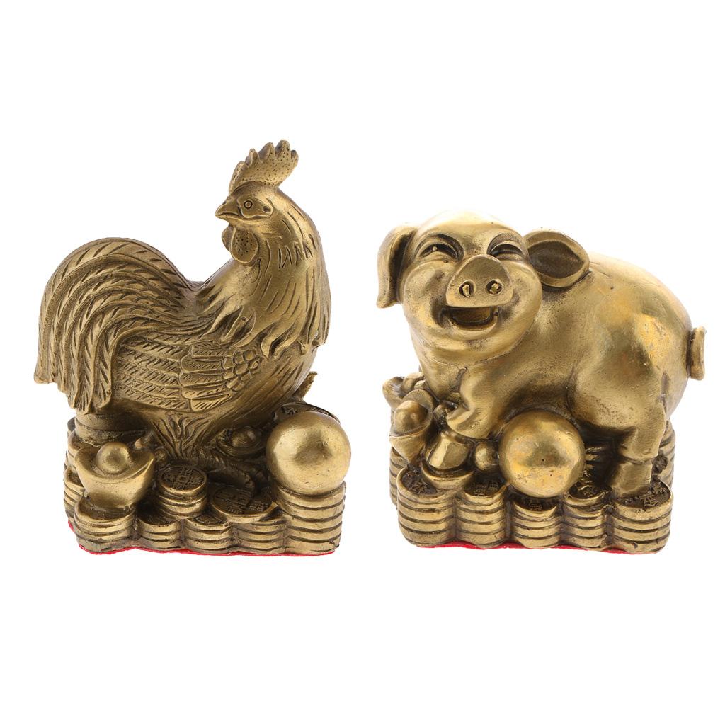 2pcs Pure Brass Chinese Animal Figurine Statue Ornament Pig+Rooster
