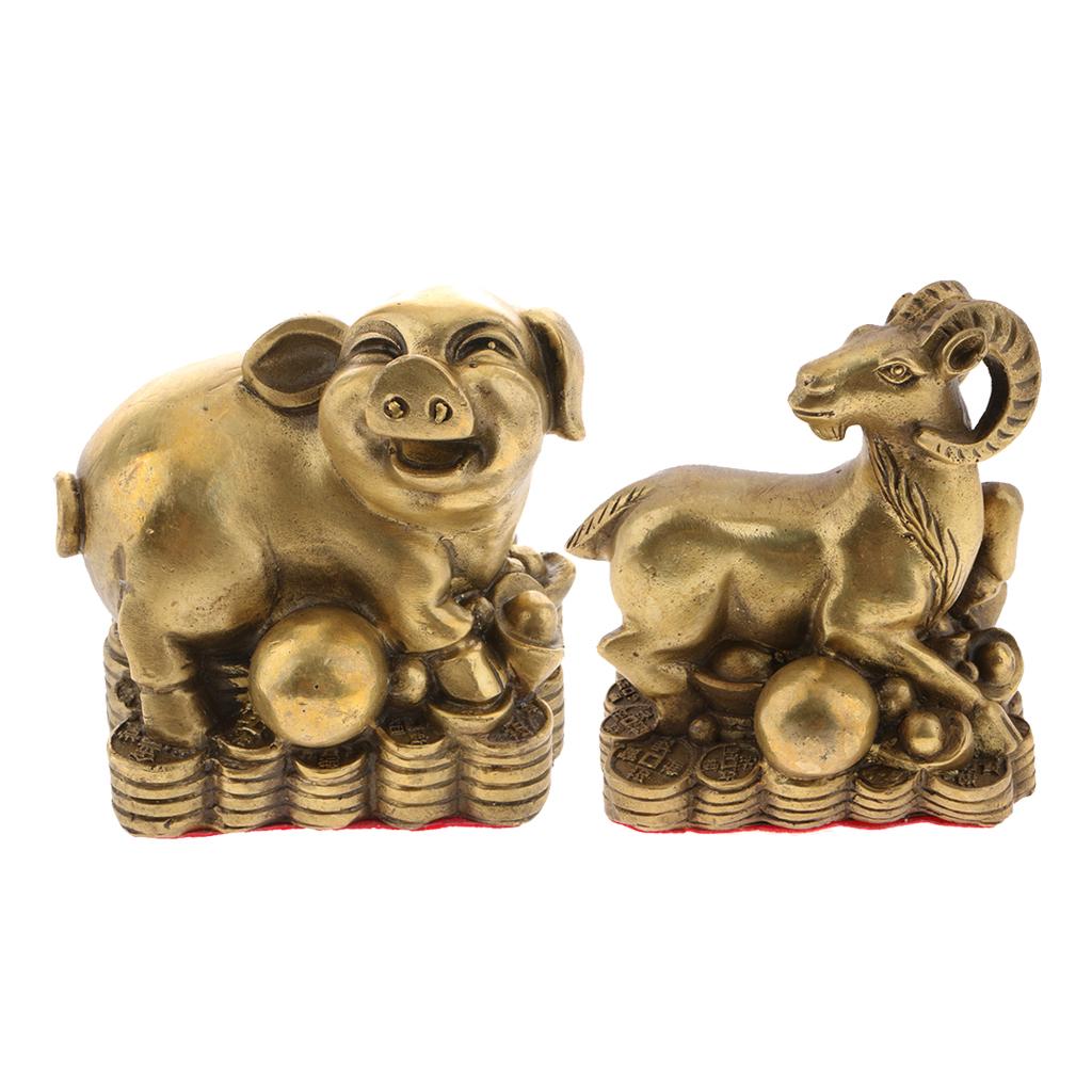 2pcs Pure Brass Chinese Animal Figurine Statue Ornament Pig+Goat