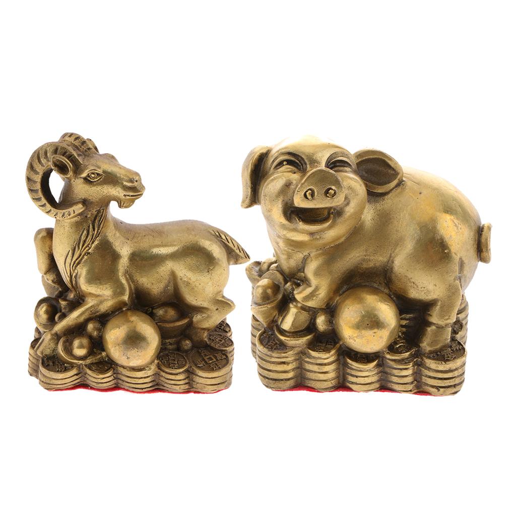 2pcs Pure Brass Chinese Animal Figurine Statue Ornament Pig+Goat