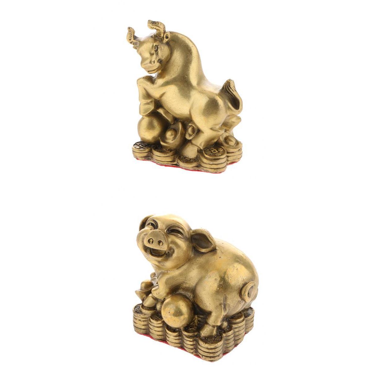 2pcs Pure Brass Chinese Animal Figurine Statue Ornament Pig+Ox