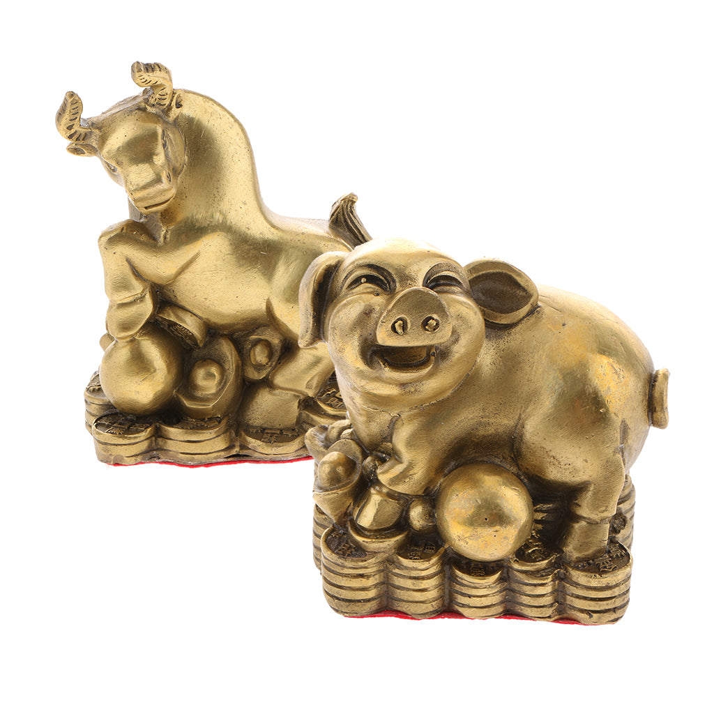 2pcs Pure Brass Chinese Animal Figurine Statue Ornament Pig+Ox