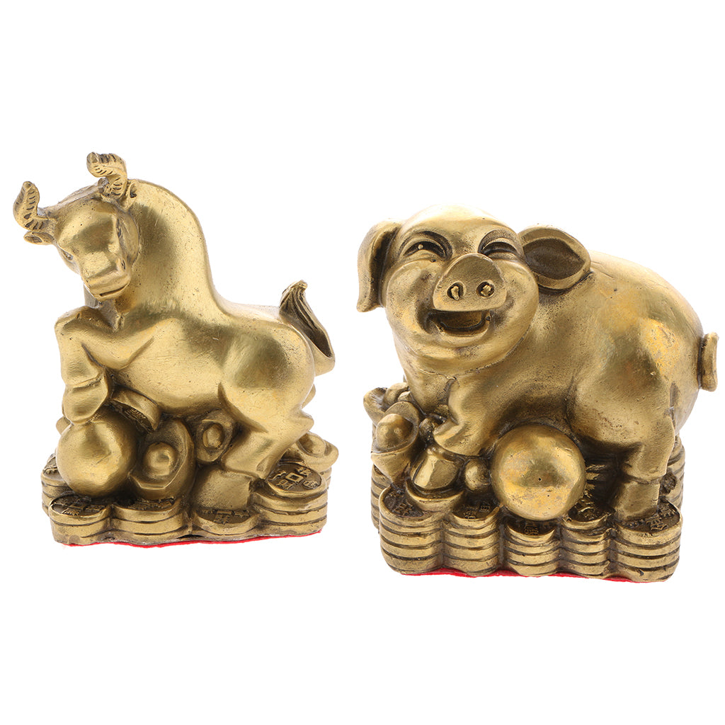 2pcs Pure Brass Chinese Animal Figurine Statue Ornament Pig+Ox