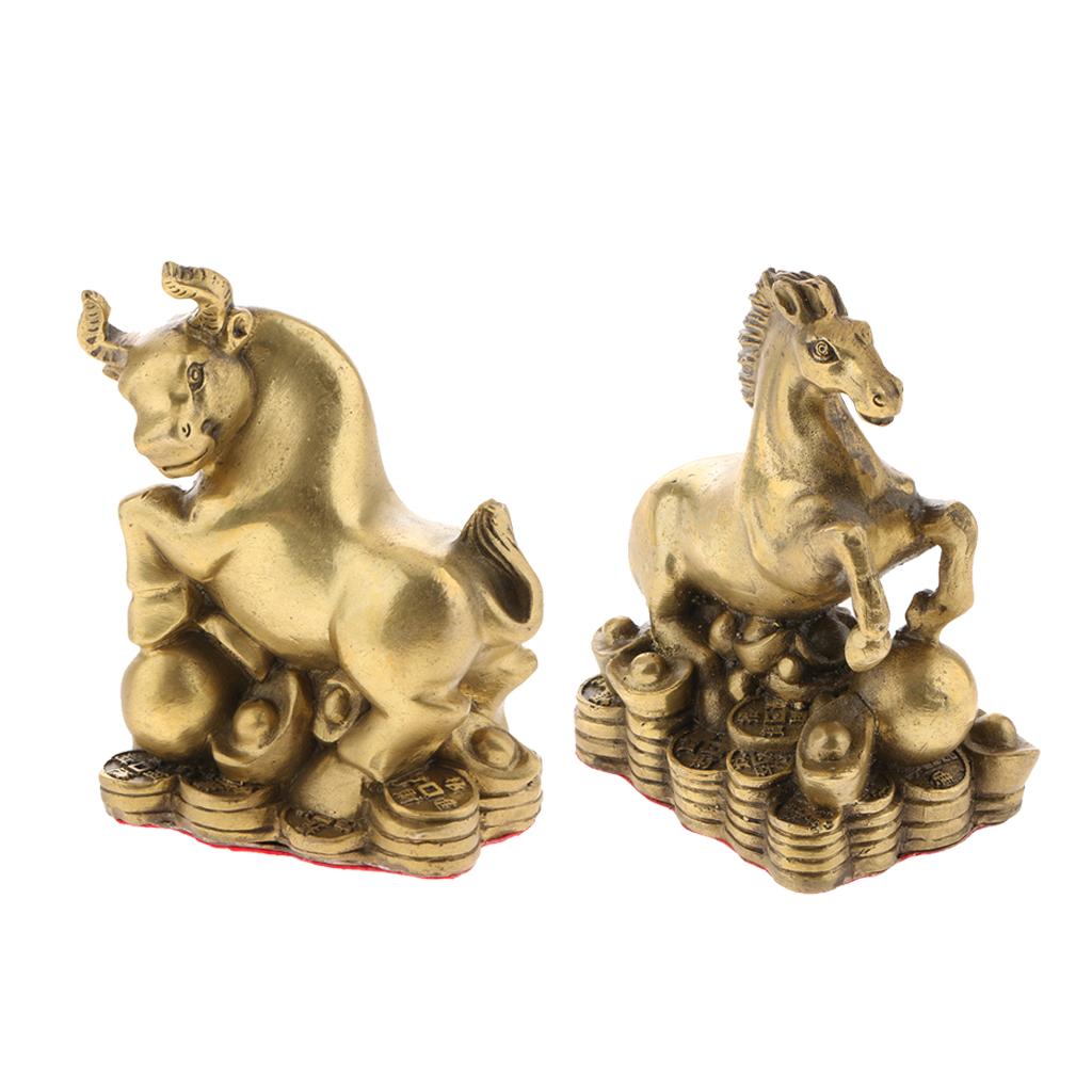 2pcs Pure Brass Chinese Animal Figurine Statue Ornament Ox+Horse
