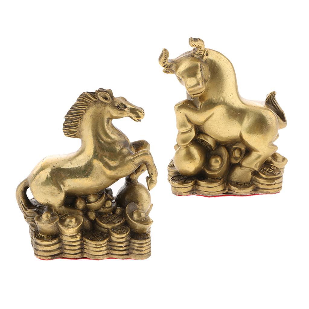2pcs Pure Brass Chinese Animal Figurine Statue Ornament Ox+Horse