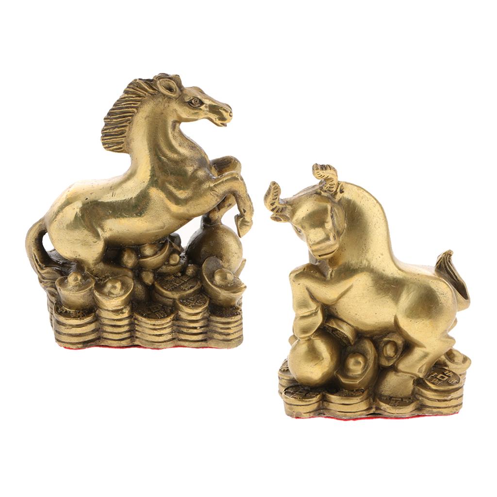 2pcs Pure Brass Chinese Animal Figurine Statue Ornament Ox+Horse