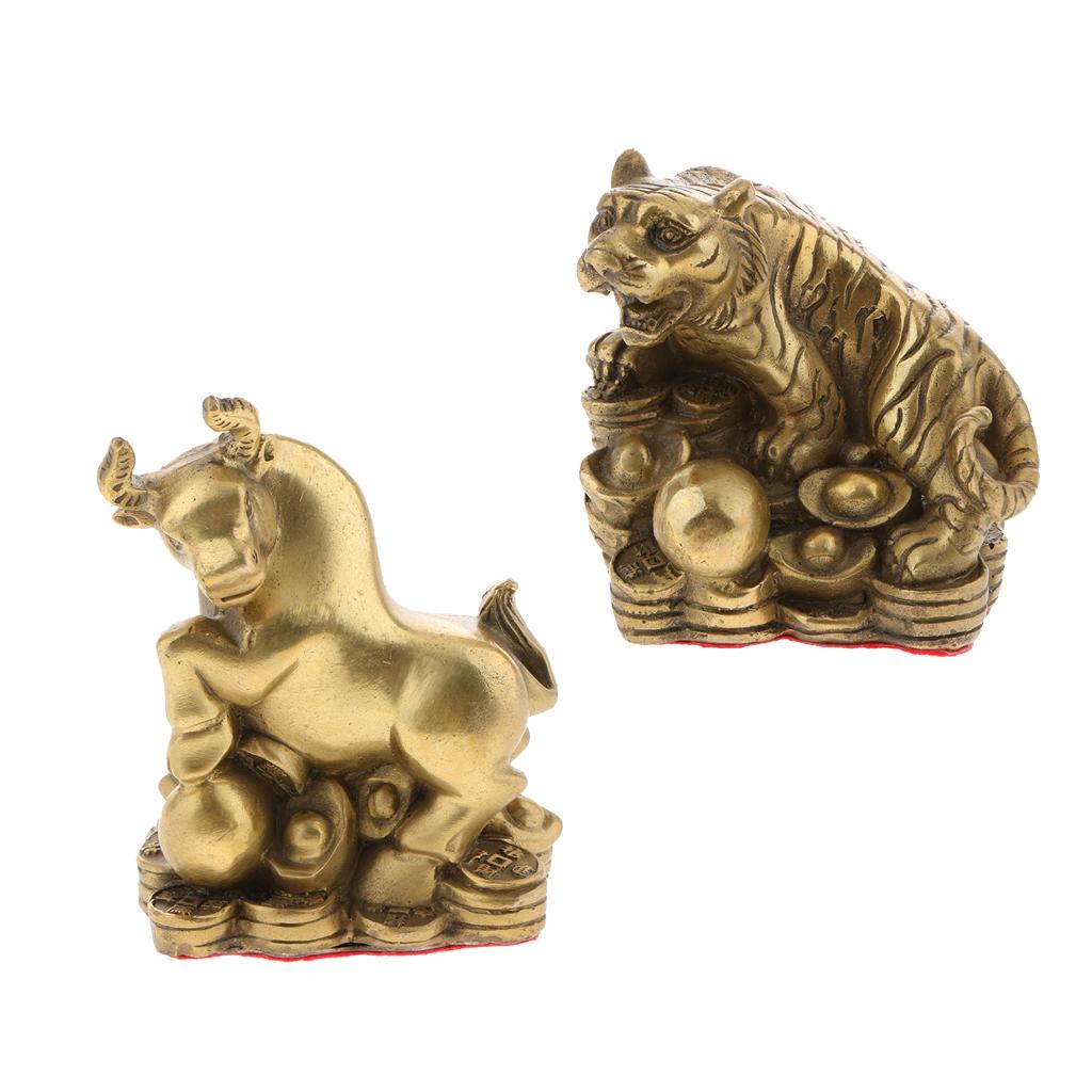 2pcs Pure Brass Chinese Animal Figurine Statue Ornament Tiger+Ox