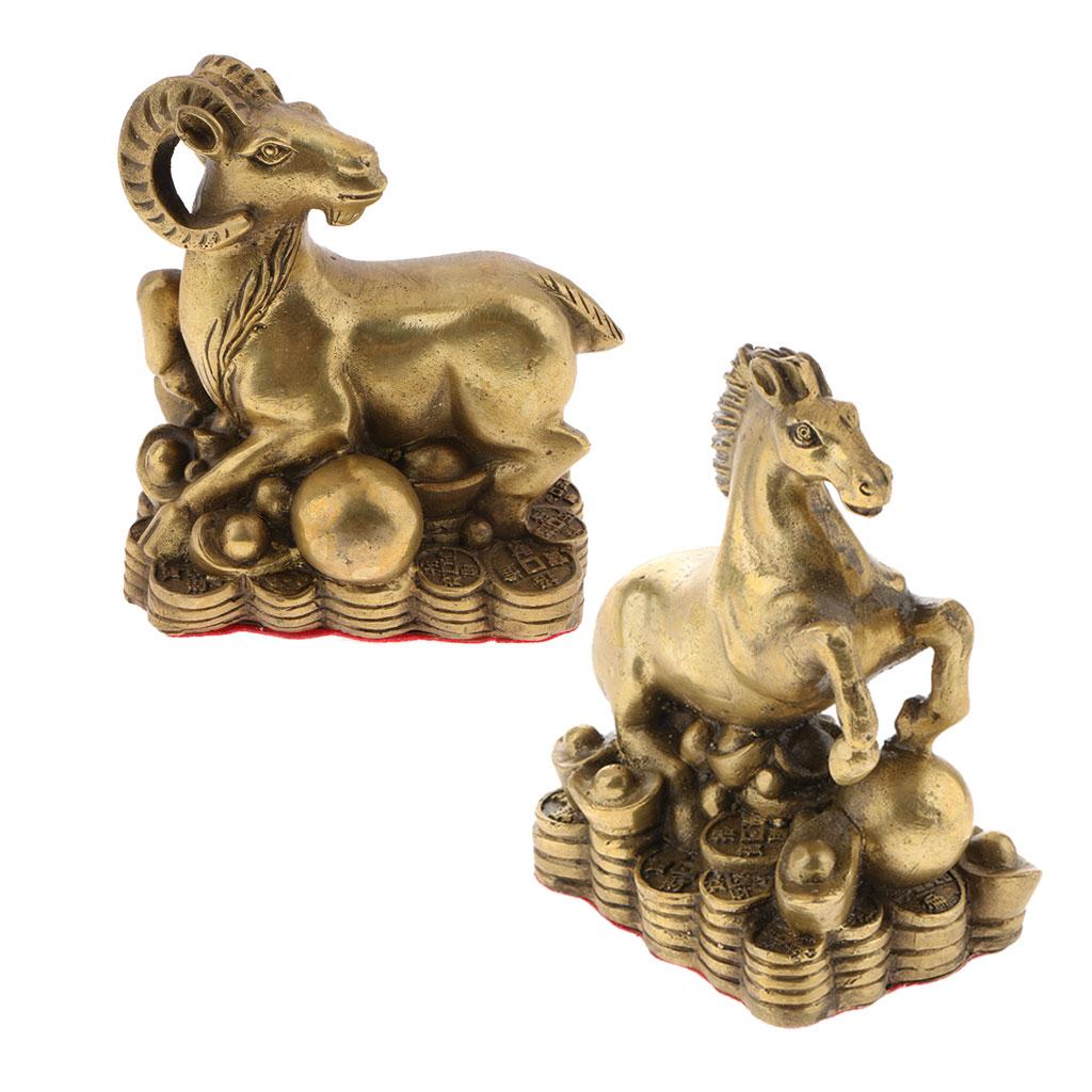 2pcs Pure Brass Chinese Animal Figurine Statue Ornament Goat+Horse